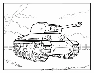 Coloriage de char de la Seconde Guerre mondiale pour adultes : Un char dans un champ herbeux encadré de feuilles et de branches