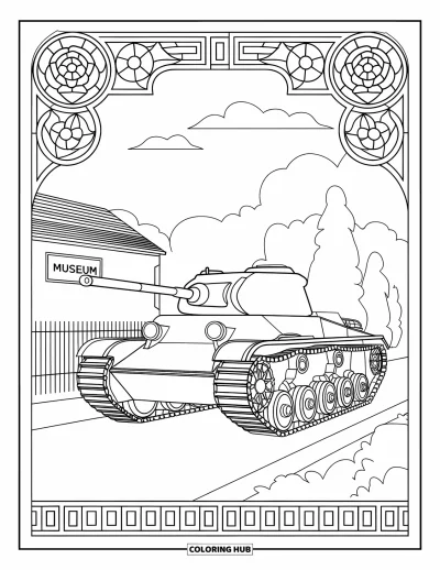Coloriage de char de la Seconde Guerre mondiale pour adultes : Un char garé près d'un musée encadré de verre en forme de roses