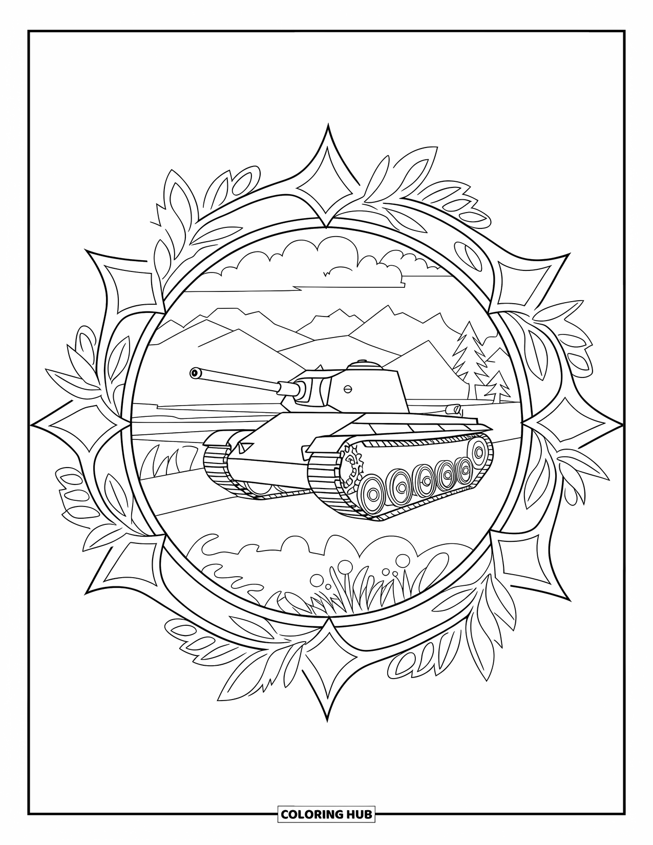 Ww2 Coloring Page for Adults: A tank rests in a mandala of leaves and stars near a calm lake