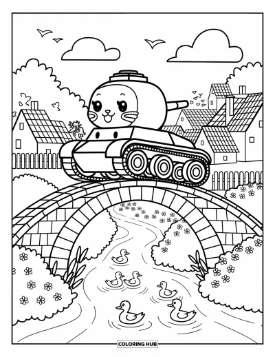 Coloriage de char de la Seconde Guerre mondiale pour adultes : Un char repose sur un pont recouvert de lierre près d'un petit village
