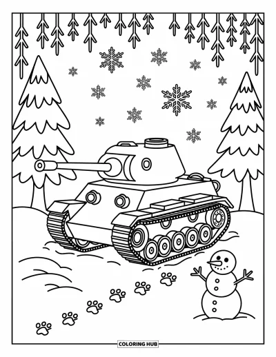 Coloriage de char de la Seconde Guerre mondiale pour adultes : Un char dans une forêt paisible avec des flocons de neige, un bonhomme de neige et des traces de chenilles