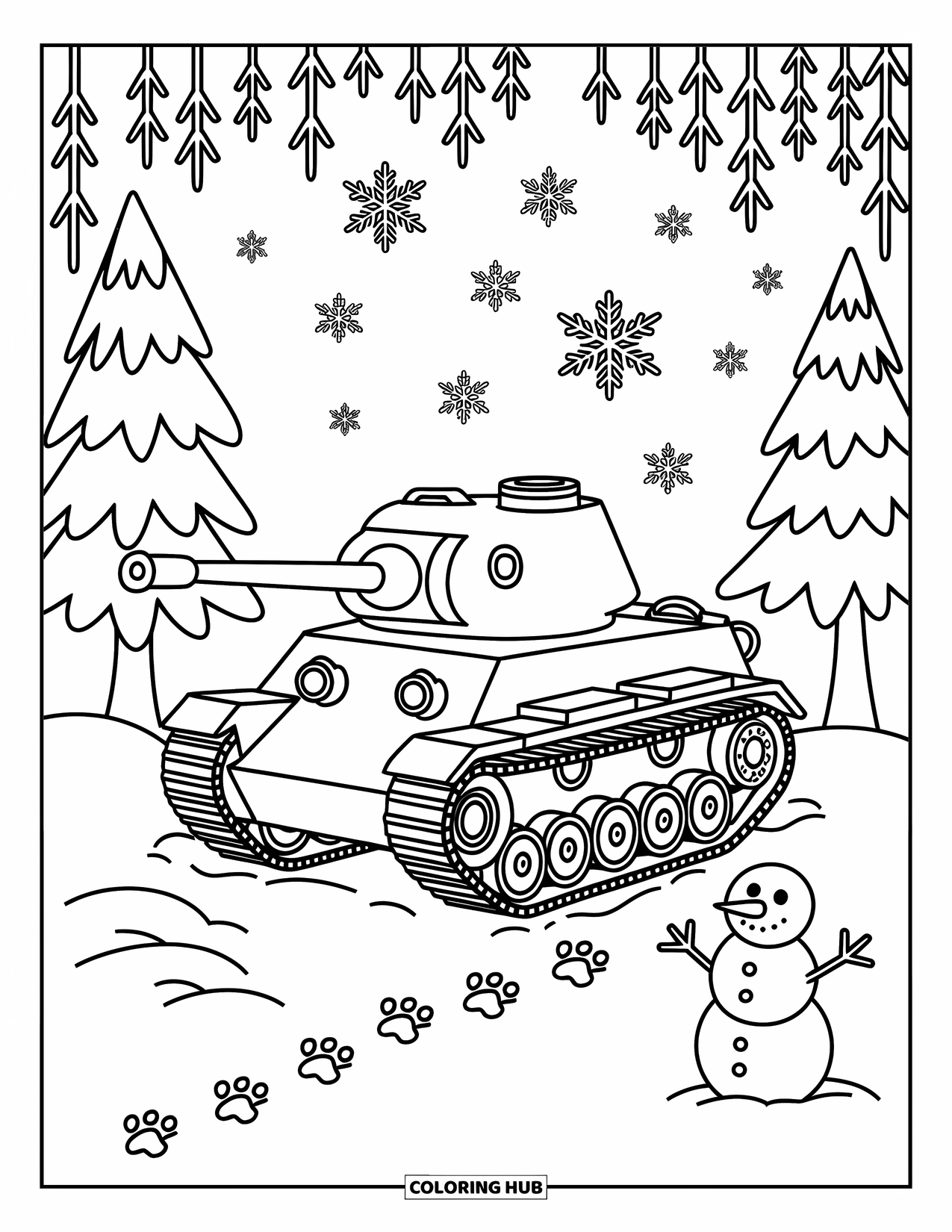Ww2 Coloring Page for Adults: A tank sits in a quiet forest with snowflakes, a snowman, and tracks