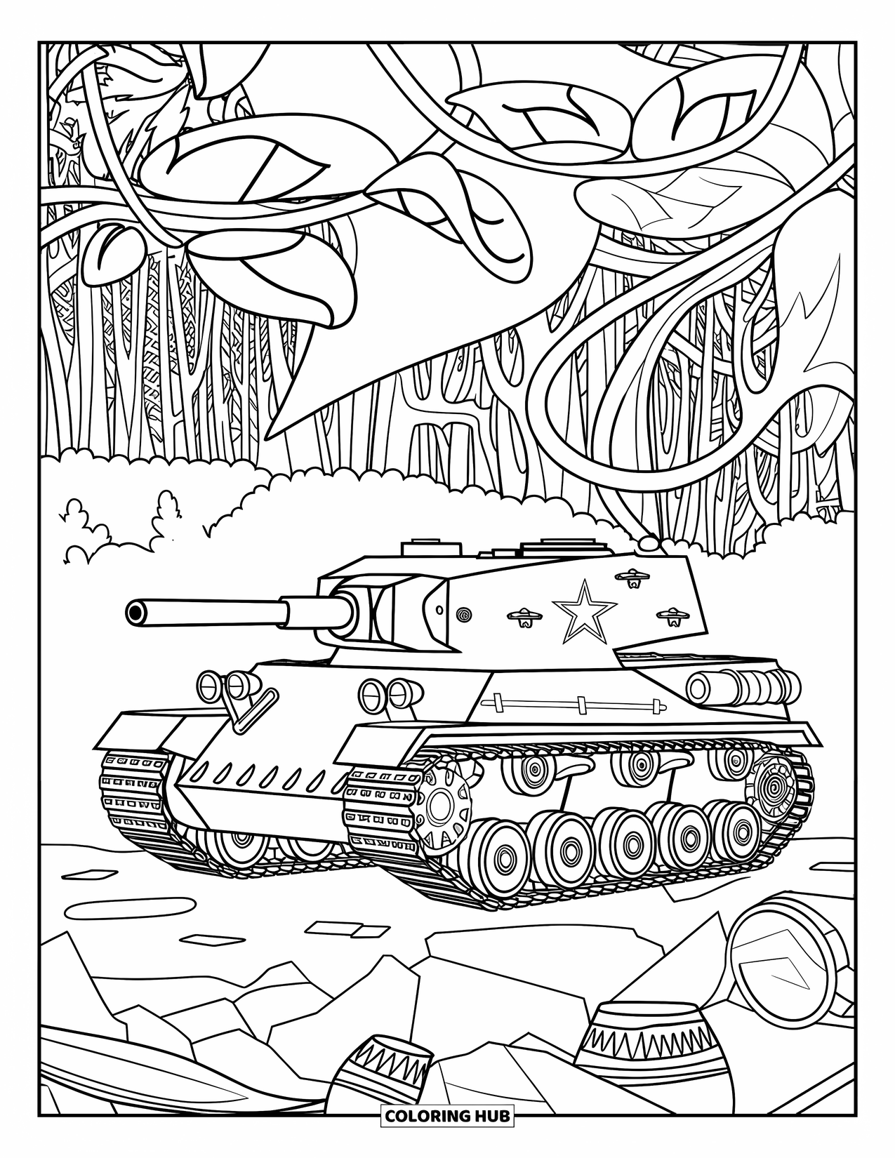 Ww2 Coloring Page for Adults: A tank surrounded by vines, leaves, and mechanical gears