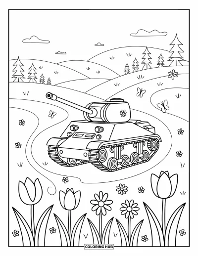Coloriage de char de la Seconde Guerre mondiale pour adultes : Un char avec une trappe ouverte est entouré de papillons et de trèfles
