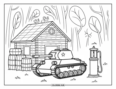 Coloriage de char de la Seconde Guerre mondiale pour adultes : Un petit char se gare à côté d'un avant-poste forestier douillet fait de rondins et de caisses