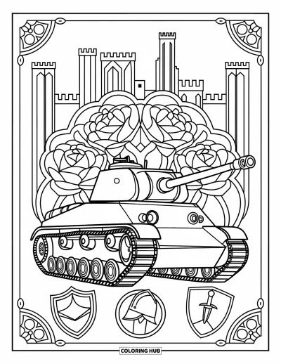 Coloriage de char de la Seconde Guerre mondiale pour adultes : Un char de la Seconde Guerre mondiale devant un château entouré de roses et de motifs anciens