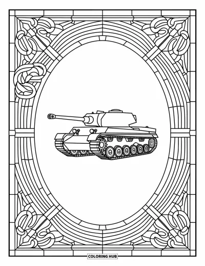 Coloriage de char de la Seconde Guerre mondiale pour adultes : Un char de la Seconde Guerre mondiale dans un cadre de verre orné de motifs militaires détaillés