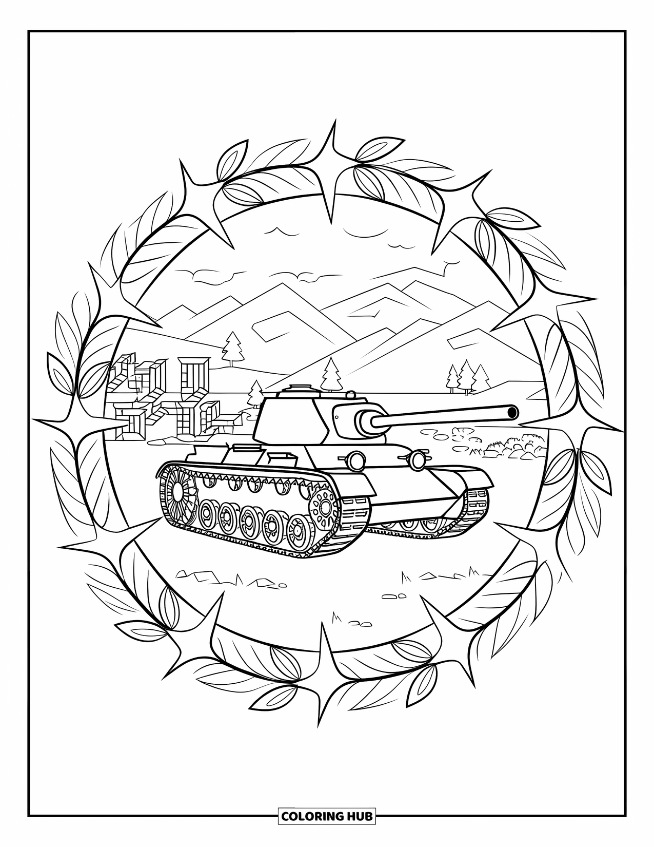 Ww2 Coloring Page for Adults: A WW2 tank inside a mandala amid ruins and distant mountains