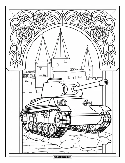 Coloriage de char de la Seconde Guerre mondiale pour adultes : Un char de la Seconde Guerre mondiale près d'un château encadré de roses et de boucliers