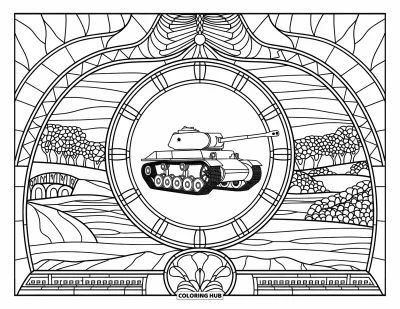 Coloriage de char de la Seconde Guerre mondiale pour adultes : Un char de la Seconde Guerre mondiale dans une fenêtre ornée donnant sur des arbres et un pont