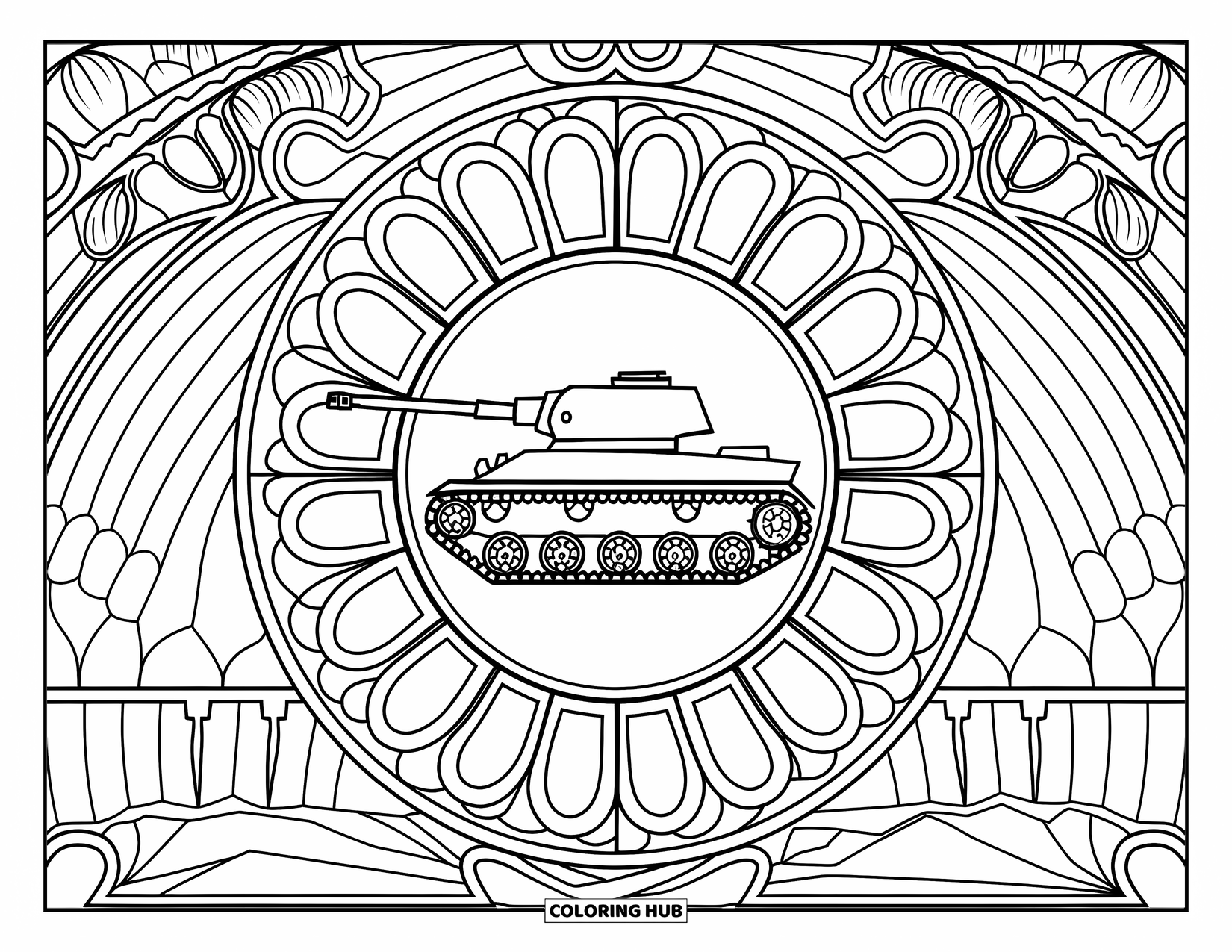 Ww2 Coloring Page for Adults: A WW2 tank sits in the center of a stained-glass window with curved lines