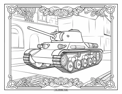 Coloriage de char de la Seconde Guerre mondiale pour adultes : Un char de la Seconde Guerre mondiale sur des pavés encadré de bordures florales ornées