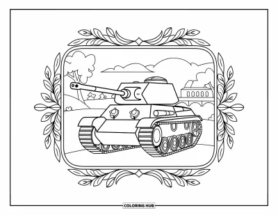 Coloriage de char de la Seconde Guerre mondiale pour adultes : Un char de la Seconde Guerre mondiale entouré de bordures florales près d'un pont paisible