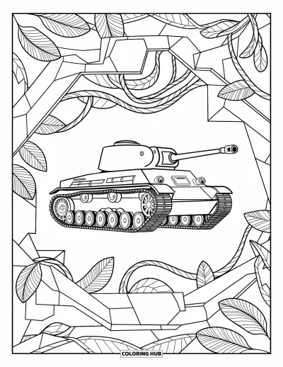 Coloriage de char de la Seconde Guerre mondiale pour adultes : Un char de la Seconde Guerre mondiale entouré de feuilles et de pièces métalliques dans un cadre détaillé