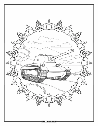 Coloriage de char de la Seconde Guerre mondiale pour adultes : Un char de la Seconde Guerre mondiale dans un mandala de feuilles entouré de montagnes et d'eau