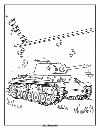 Coloriage de char de la Seconde Guerre mondiale pour enfants : Un char cabossé repose près d'un mur écroulé et de hautes herbes