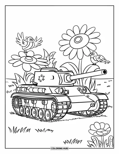Coloriage de char de la Seconde Guerre mondiale pour enfants : Un char sympathique est assis dans un champ de grandes fleurs avec des oiseaux en vol