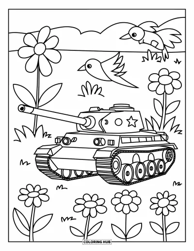 Coloriage de char de la Seconde Guerre mondiale pour enfants : Un char Tiger enjoué est assis dans un champ entouré de grandes fleurs