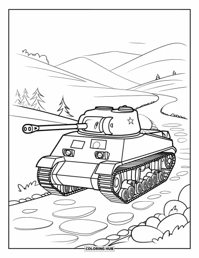 Coloriage de char de la Seconde Guerre mondiale pour enfants : Un char Sherman grimpe un sentier rocailleux sous des arbres clairsemés
