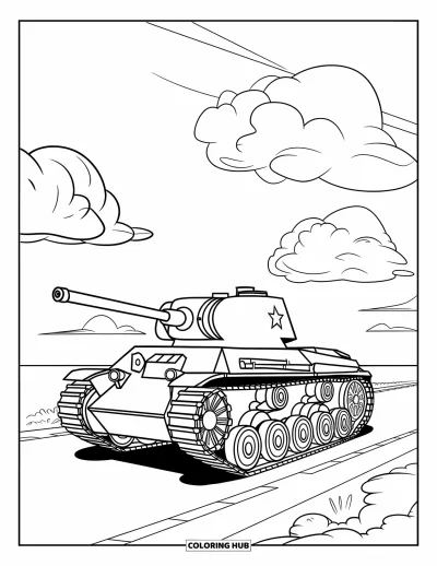 Coloriage de char de la Seconde Guerre mondiale pour enfants : Un char simple roule sur une route bordée de nuages et d'un ciel bleu dégagé