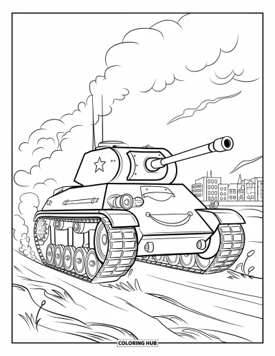 Coloriage de char de la Seconde Guerre mondiale pour enfants : Un char souriant traverse un champ de bataille enfumé près d'une ville