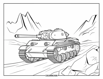 Coloriage de char de la Seconde Guerre mondiale pour enfants : Un char traverse un chemin rocailleux en direction de montagnes lointaines