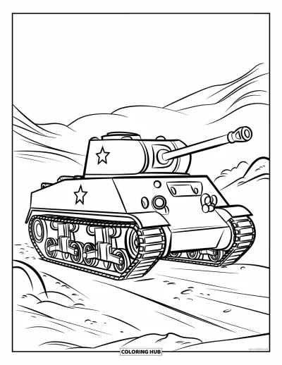 Coloriage de char de la Seconde Guerre mondiale pour enfants : Un char avance sur une route cahoteuse bordée d'herbe et de pierres