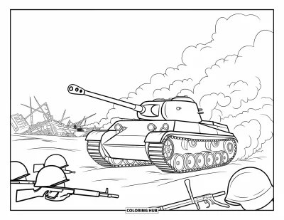 Coloriage de char de la Seconde Guerre mondiale pour enfants : Un char avance dans la fumée et les ruines avec du matériel éparpillé tout autour