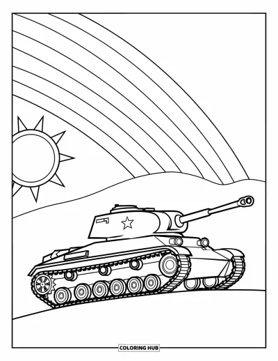 Coloriage de char de la Seconde Guerre mondiale pour enfants : Un char souriant sur une colline sous un arc-en-ciel et un soleil radieux