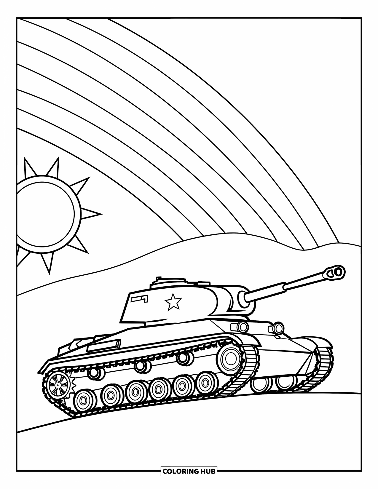 Ww2 Coloring Page for Kids: A tank on a hill smiles beneath a rainbow and bright sun
