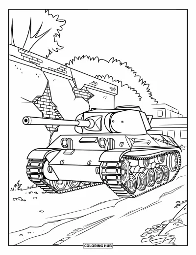 Coloriage de char de la Seconde Guerre mondiale pour enfants : Un char garé près d'un mur abîmé avec quelques arbres alentour