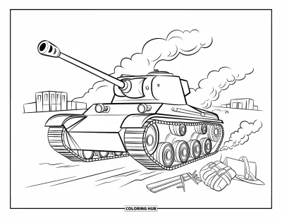 Coloriage de char de la Seconde Guerre mondiale pour enfants : Un char avance à travers un champ de bataille enfumé jonché de véhicules détruits