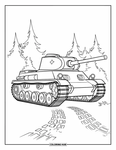 Coloriage de char de la Seconde Guerre mondiale pour enfants : Un char se repose dans une forêt de grands pins avec des traces de chenilles bien visibles
