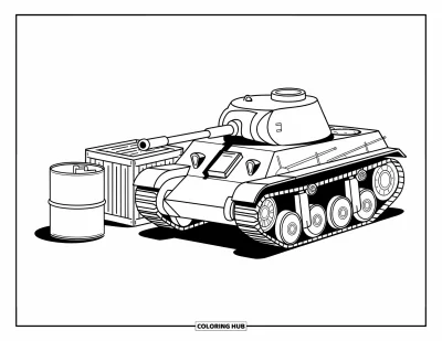 Coloriage de char de la Seconde Guerre mondiale pour enfants : Un char repose près d'un fût de carburant et d'une caisse sur terrain plat