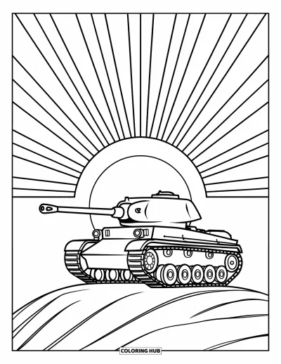 Coloriage de char de la Seconde Guerre mondiale pour enfants : Un char se repose sur une colline sous un soleil entouré d'arcs-en-ciel colorés