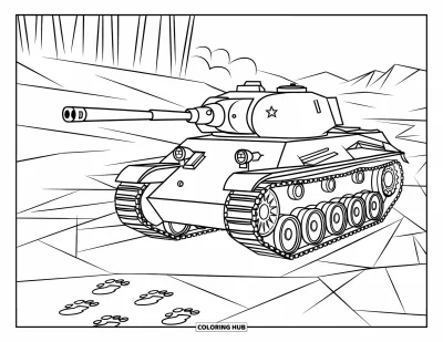 Coloriage de char de la Seconde Guerre mondiale pour enfants : Un char repose sur de la glace craquelée avec des empreintes de bottes sur une rivière gelée