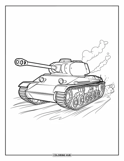 Coloriage de char de la Seconde Guerre mondiale pour enfants : Un char roule sur un sol boueux avec de la fumée qui tourbillonne derrière lui