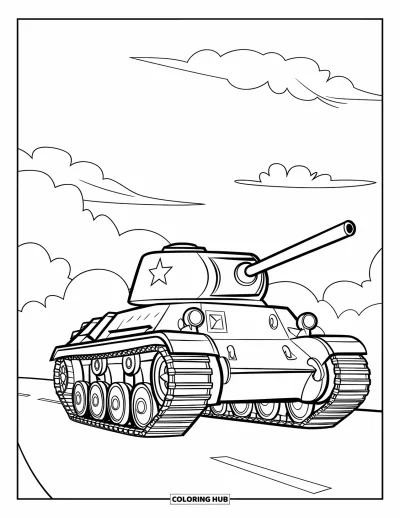 Coloriage de char de la Seconde Guerre mondiale pour enfants : Un char avance sur une route sous un ciel parsemé de nuages duveteux
