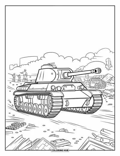 Coloriage de char de la Seconde Guerre mondiale pour enfants : Un char avance parmi des débris avec des soldats visibles au loin