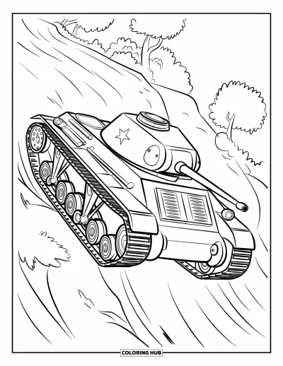 Coloriage de char de la Seconde Guerre mondiale pour enfants : Un char monte une côte à travers les arbres le long d'une route en courbe