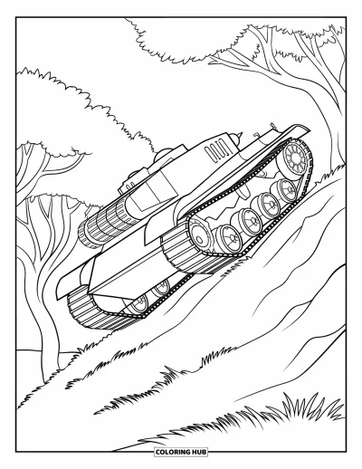 Coloriage de char de la Seconde Guerre mondiale pour enfants : Un char gravit une pente herbeuse vers une route bordée d'arbres