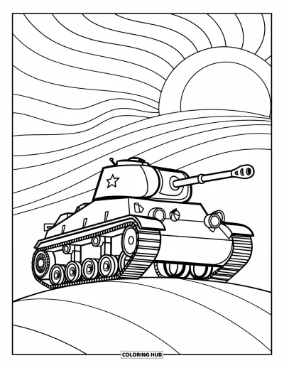 Coloriage de char de la Seconde Guerre mondiale pour enfants : Un char au sommet d'une colline sous le soleil et un arc-en-ciel éclatant