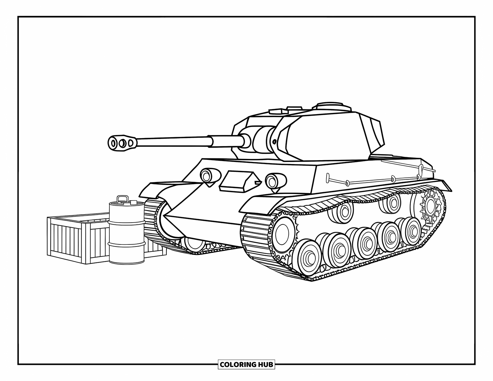 Ww2 Coloring Page for Kids: A tank sits beside a crate and a fuel drum on open ground