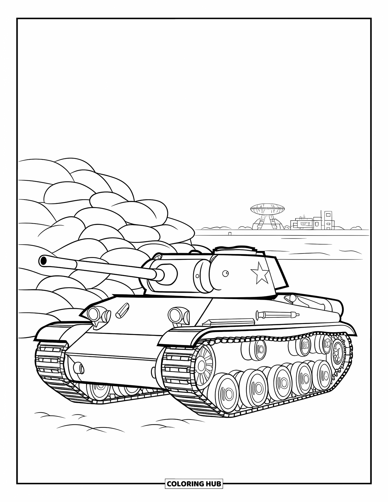 Ww2 Coloring Page for Kids: A tank sits near stacked sandbags with a radar station behind it