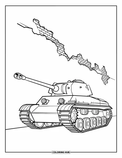 Coloriage de char de la Seconde Guerre mondiale pour enfants : Un char repose tranquillement contre un mur fissuré de briques abîmées