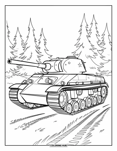 Coloriage de char de la Seconde Guerre mondiale pour enfants : Un char s'abrite sous des pins entourés d'aiguilles tombées