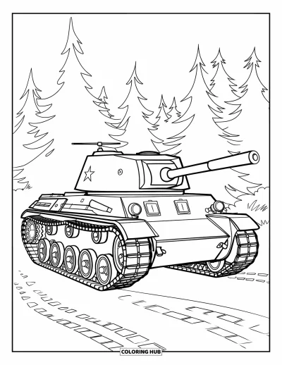 Coloriage de char de la Seconde Guerre mondiale pour enfants : Un char attend dans une clairière forestière bordée de grands pins