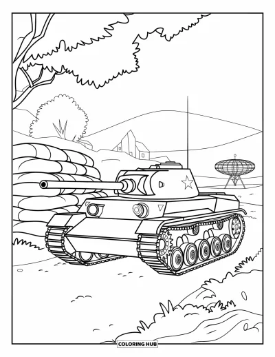 Coloriage de char de la Seconde Guerre mondiale pour enfants : Un char attend près de sacs de sable avec une station radar au loin