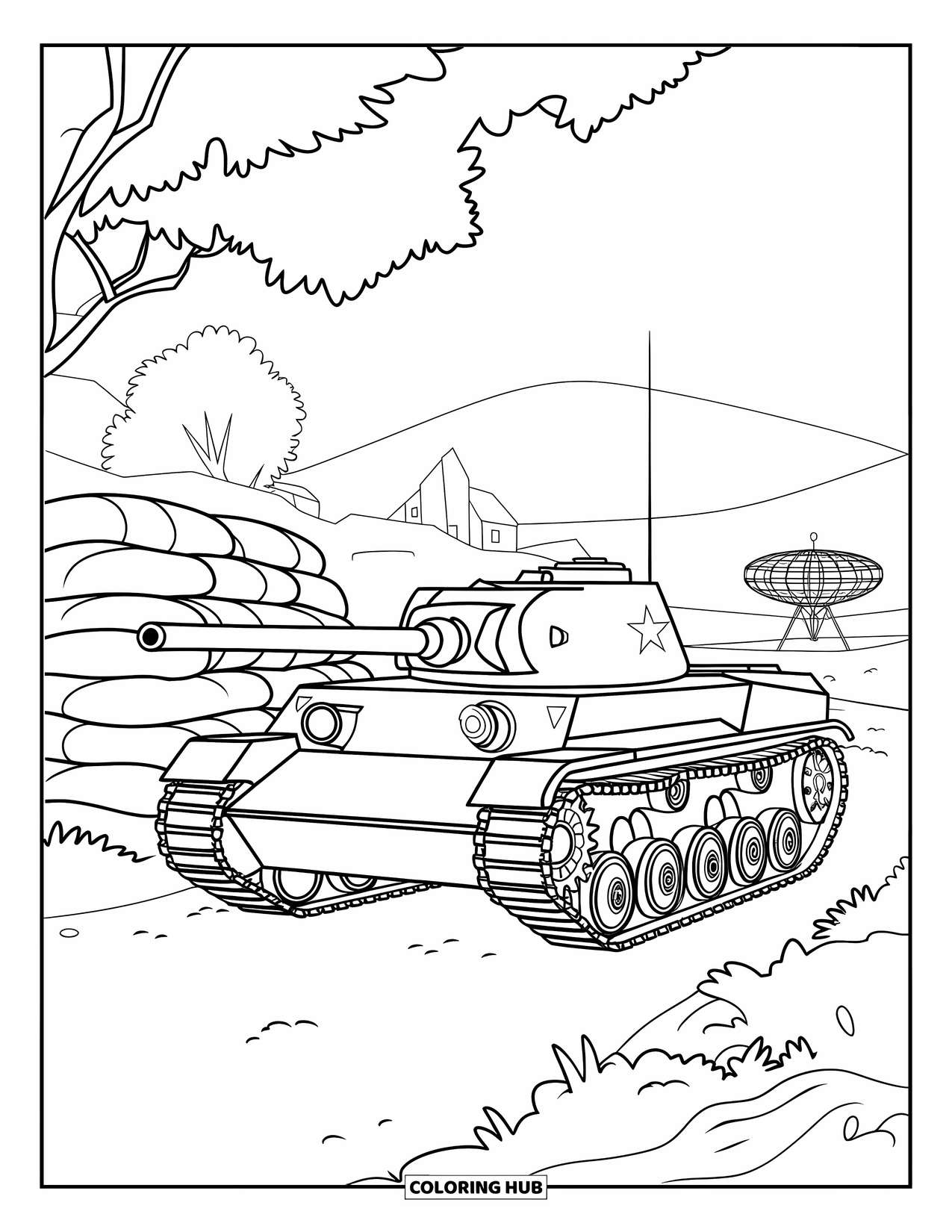 Ww2 Coloring Page for Kids: A tank waits near sandbags with a radar station in the distance