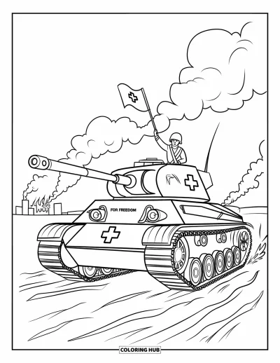 Coloriage de char de la Seconde Guerre mondiale pour enfants : Un char avec un drapeau traverse une ville en flammes ravagée par la guerre